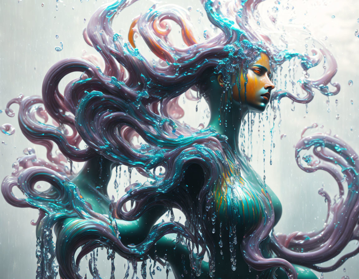 Person with Flowing Hair Merging with Liquid Swirls in Blue and Purple Hues