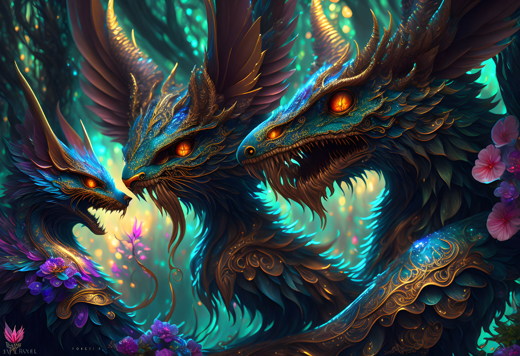 Intricately detailed dragon art with glowing eyes and ornate scales
