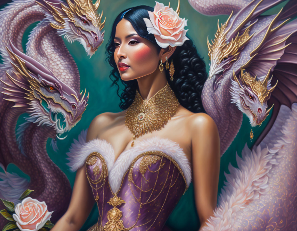 Woman with Rose in Hair Surrounded by Dragons in Fantasy Art Style