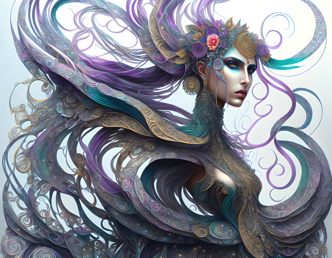 Elaborate Fantasy Art Portrait of Woman with Swirling Floral Hair