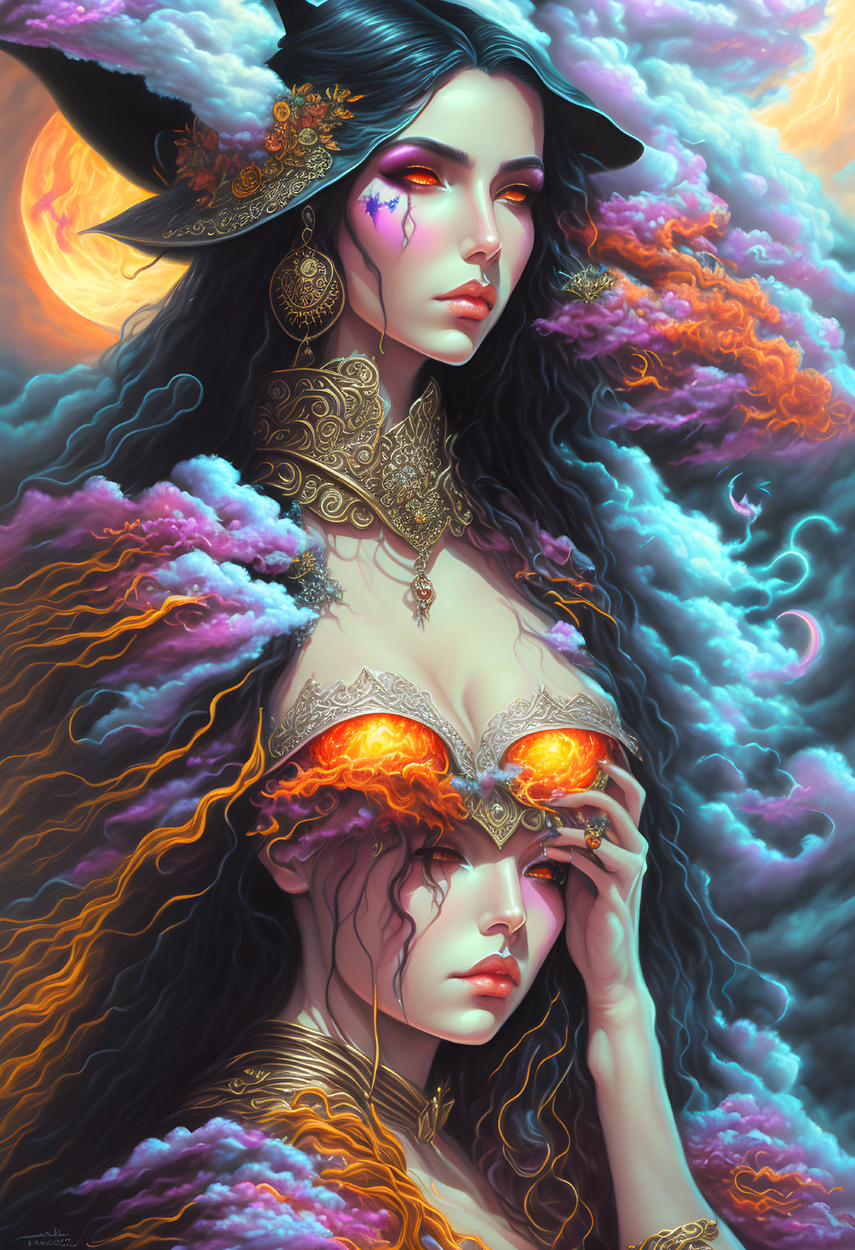 Fantasy portrait with woman in witch hat and gold jewelry against colorful clouds