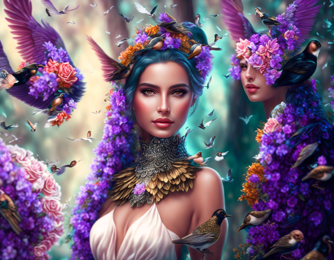 Two women with vibrant flowers and birds in a mystical, colorful setting