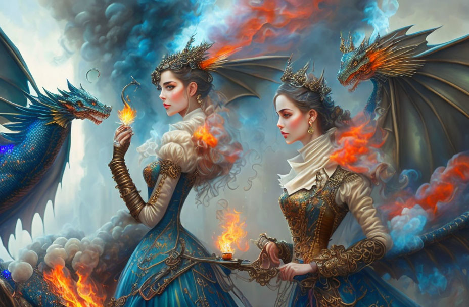 Regal women with crowns and dragons in fiery setting
