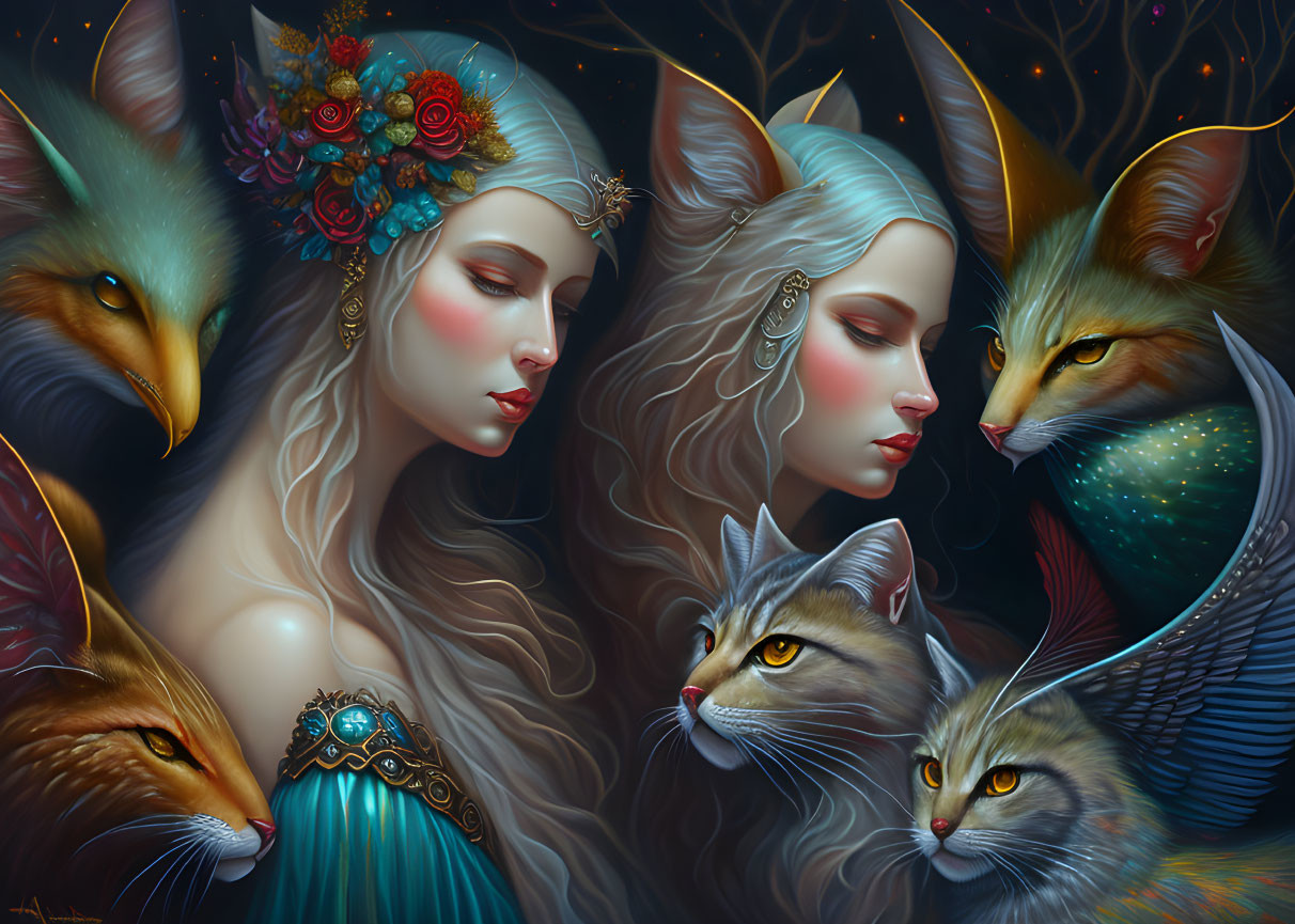 Ethereal women with elaborate headpieces and majestic animals on starry background