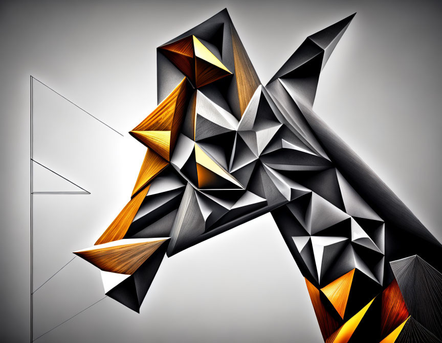 Geometric 3D Shapes in Black, White, and Orange on Grey Gradient