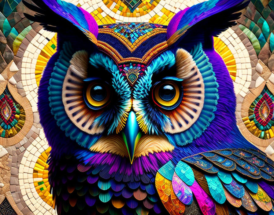 Colorful Owl Digital Art with Mosaic Background