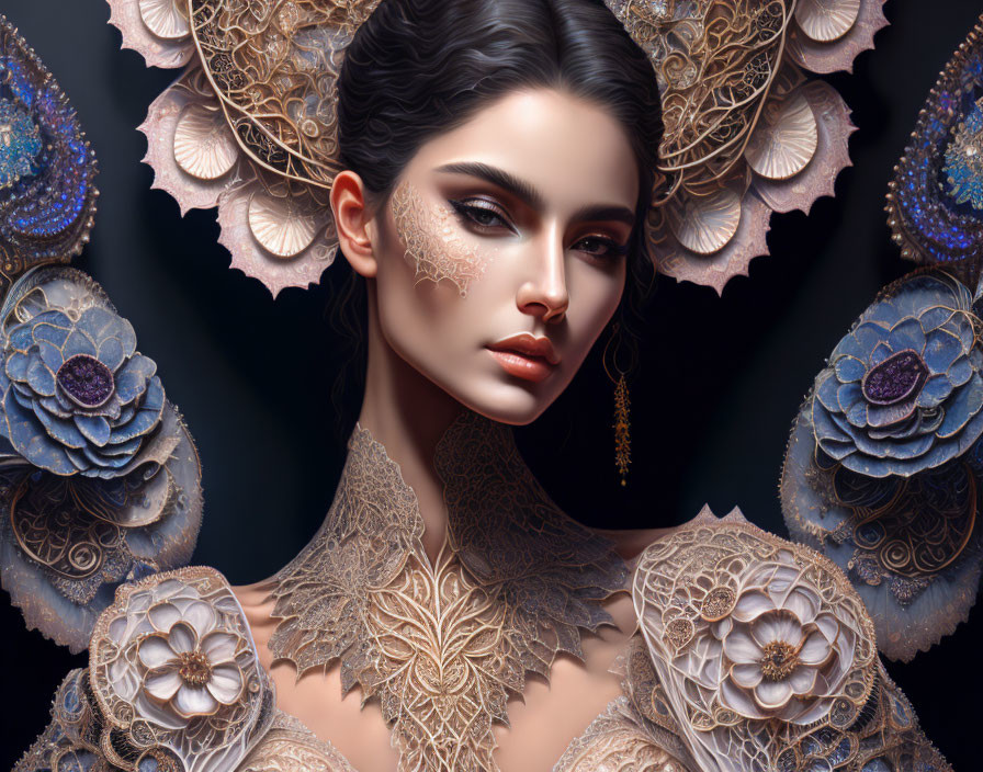 Detailed Digital Portrait with Lace and Floral Adornments