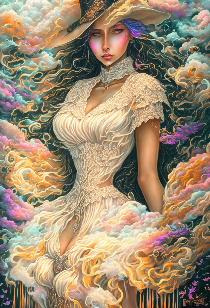 Ethereal woman with purple hair in cream dress amidst colorful clouds