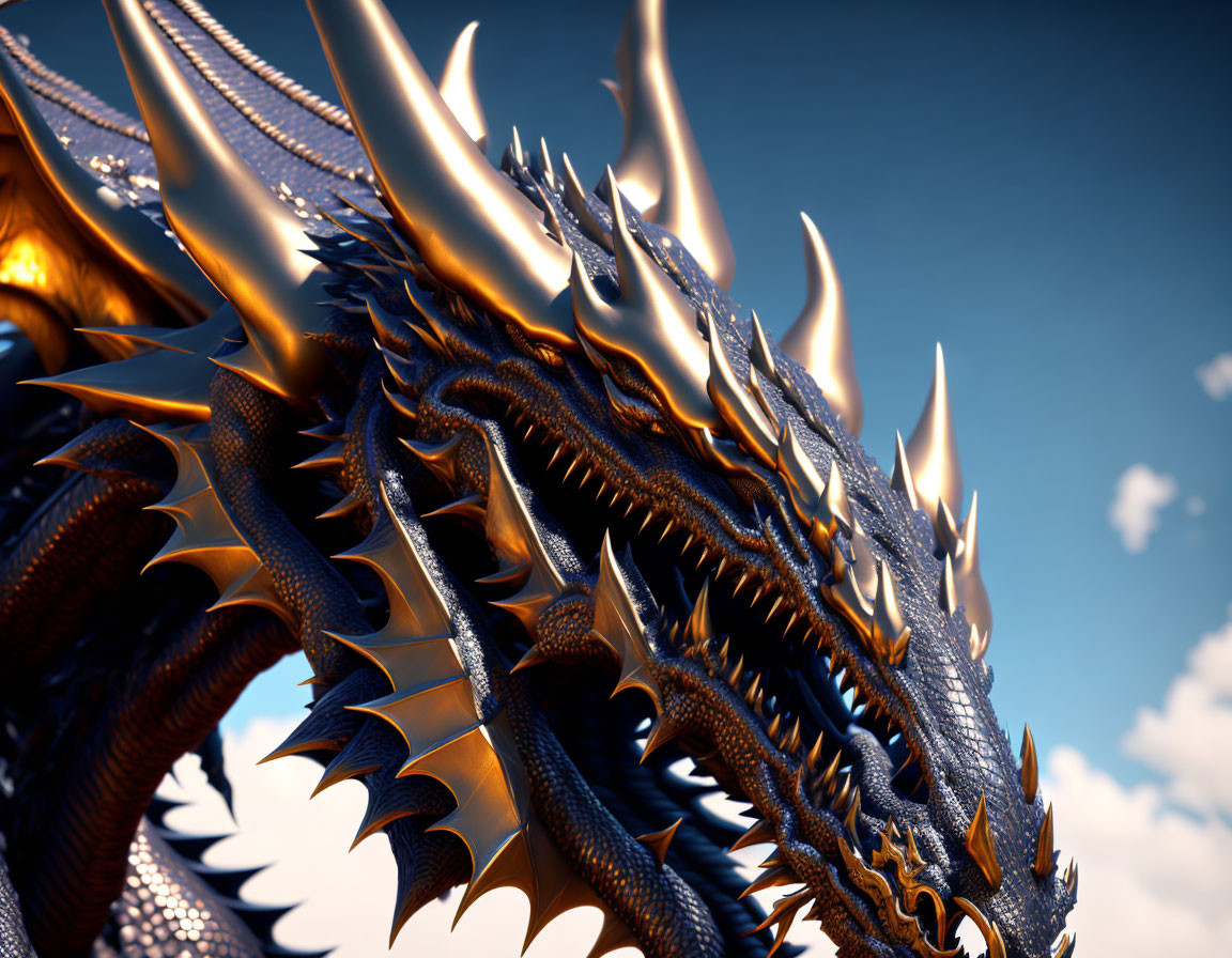 Digital dragon with intricate scales and sharp spikes on a clear blue sky