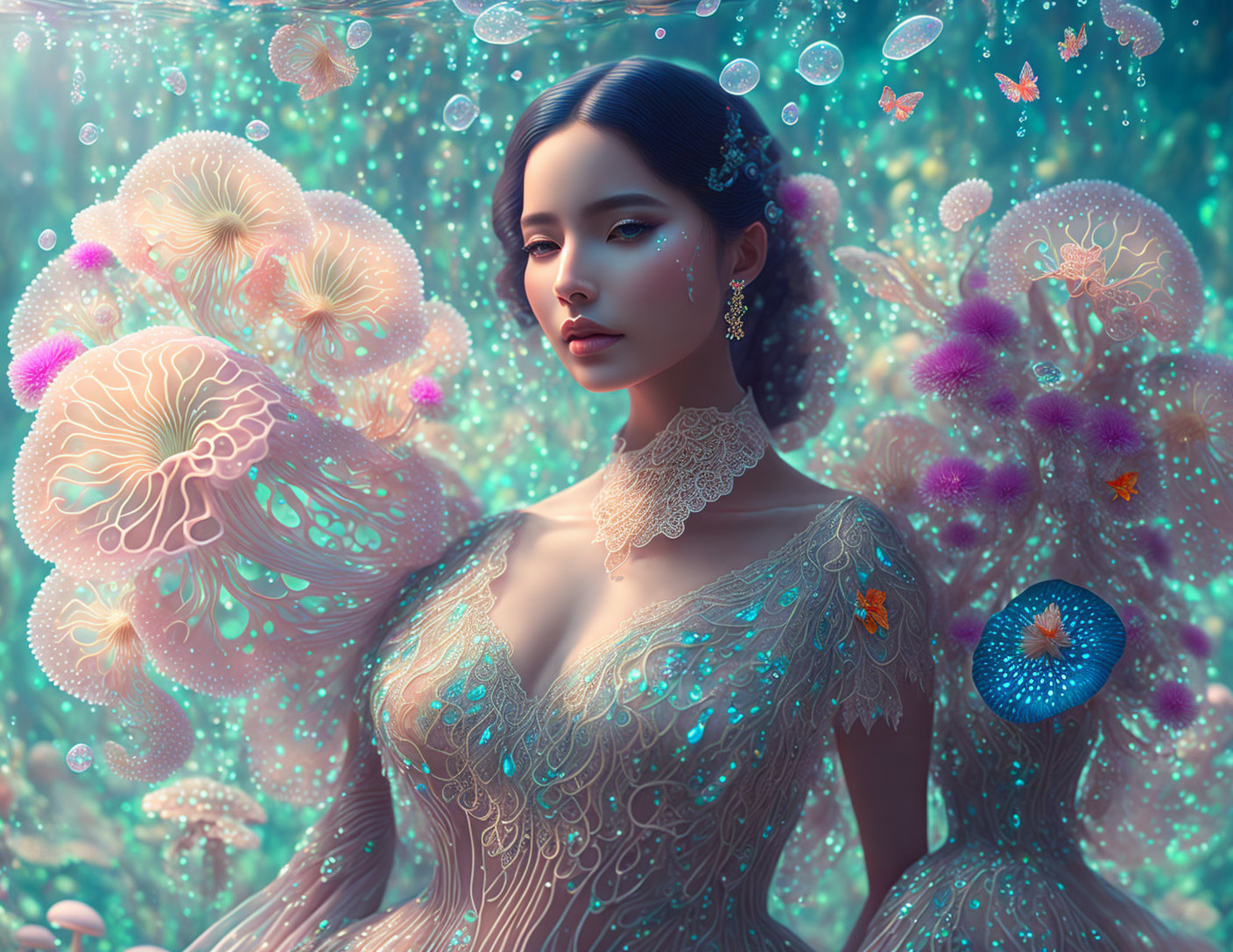 Ethereal woman with glowing jellyfish in underwater fantasy scene