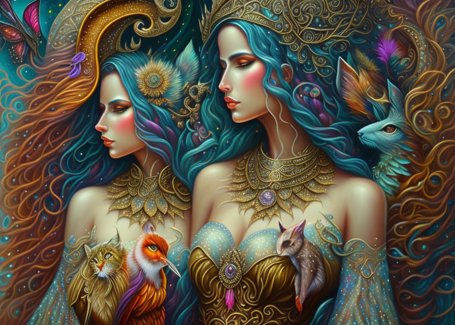 Ethereal women with vibrant, flowing hair and celestial motifs.