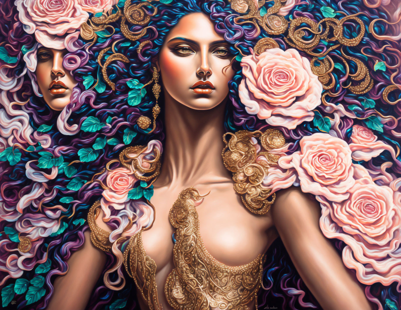 Surreal portrait of woman with curly hair, pink roses, and golden ornaments