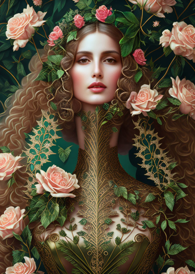 Digital artwork of woman with gold patterns, roses, serene expression, curly hair