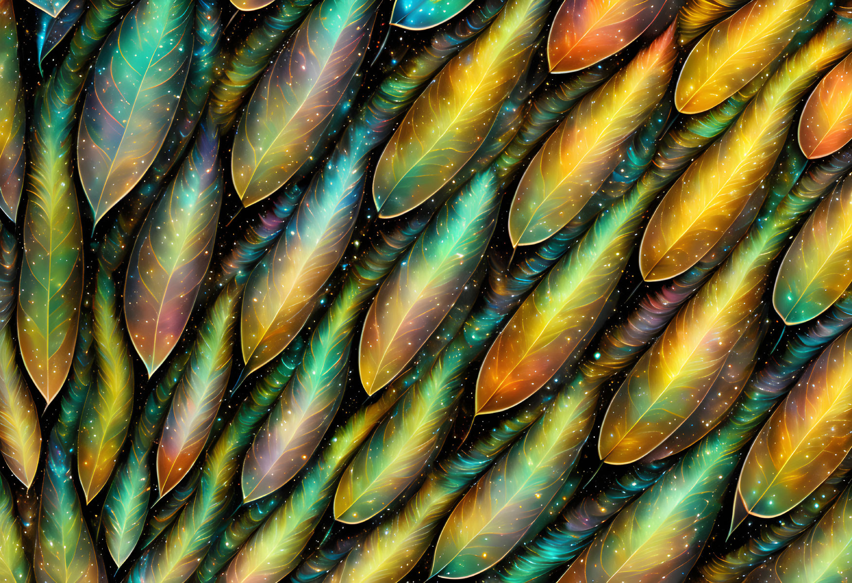 Colorful feather-like patterns in digital artwork with cosmic texture