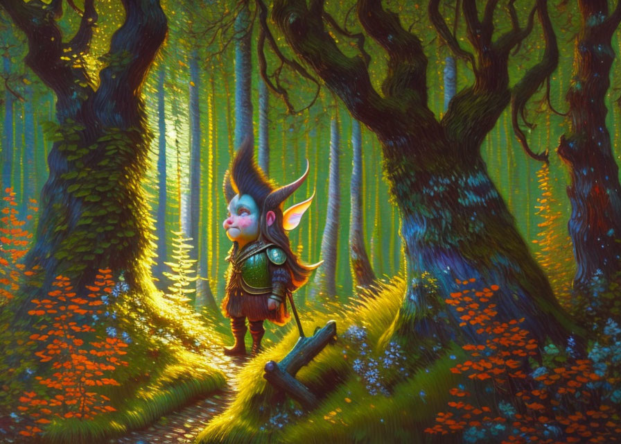 Colorful forest scene: whimsical creature with oversized helmet walking under sunlight.