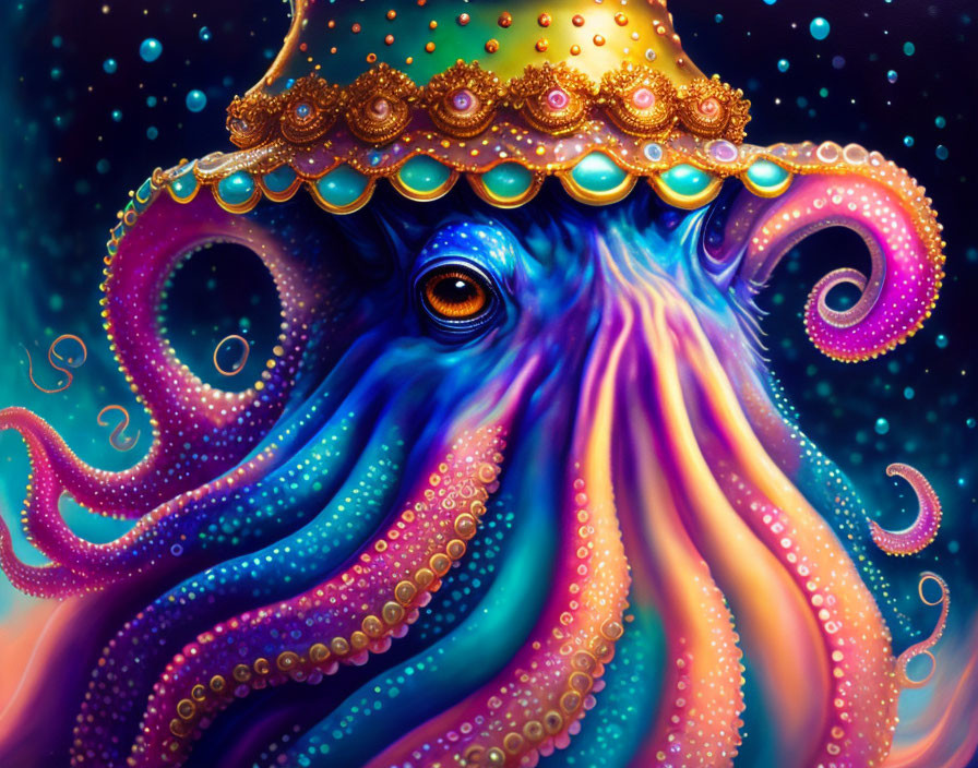 Colorful Octopus Illustration with Golden-Trimmed Hat and Swirling Tentacles