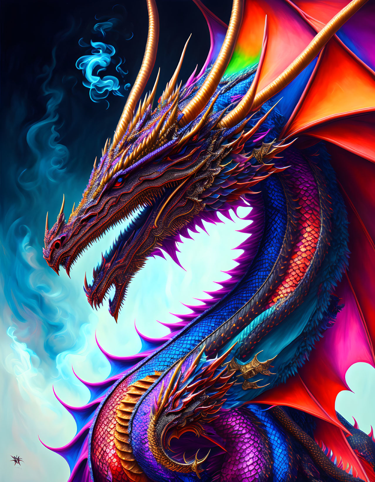Detailed dragon illustration with iridescent scales and large wings against cloudy sky.