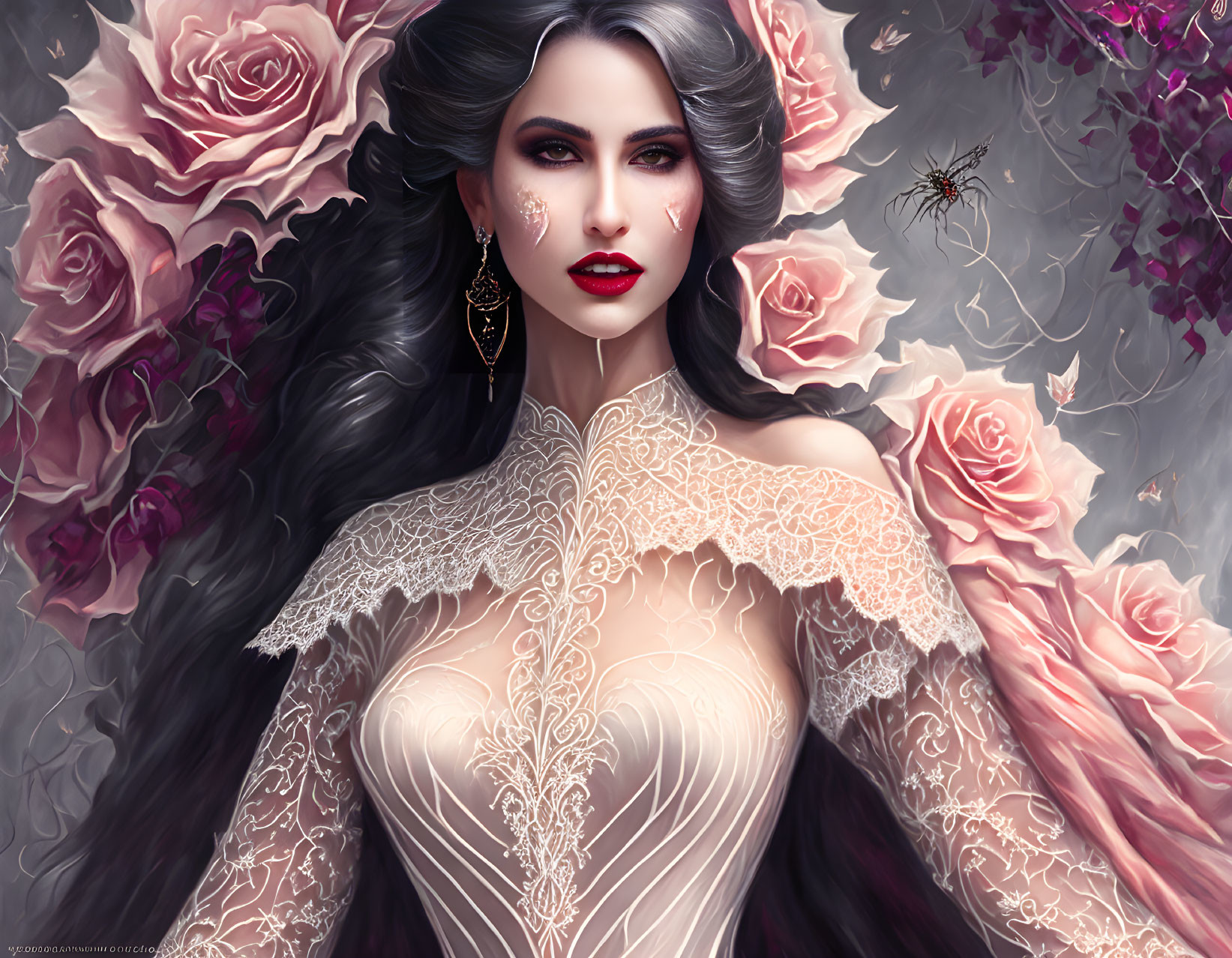 Digital artwork of woman with pale skin, dark hair, red lips, in white dress with roses.