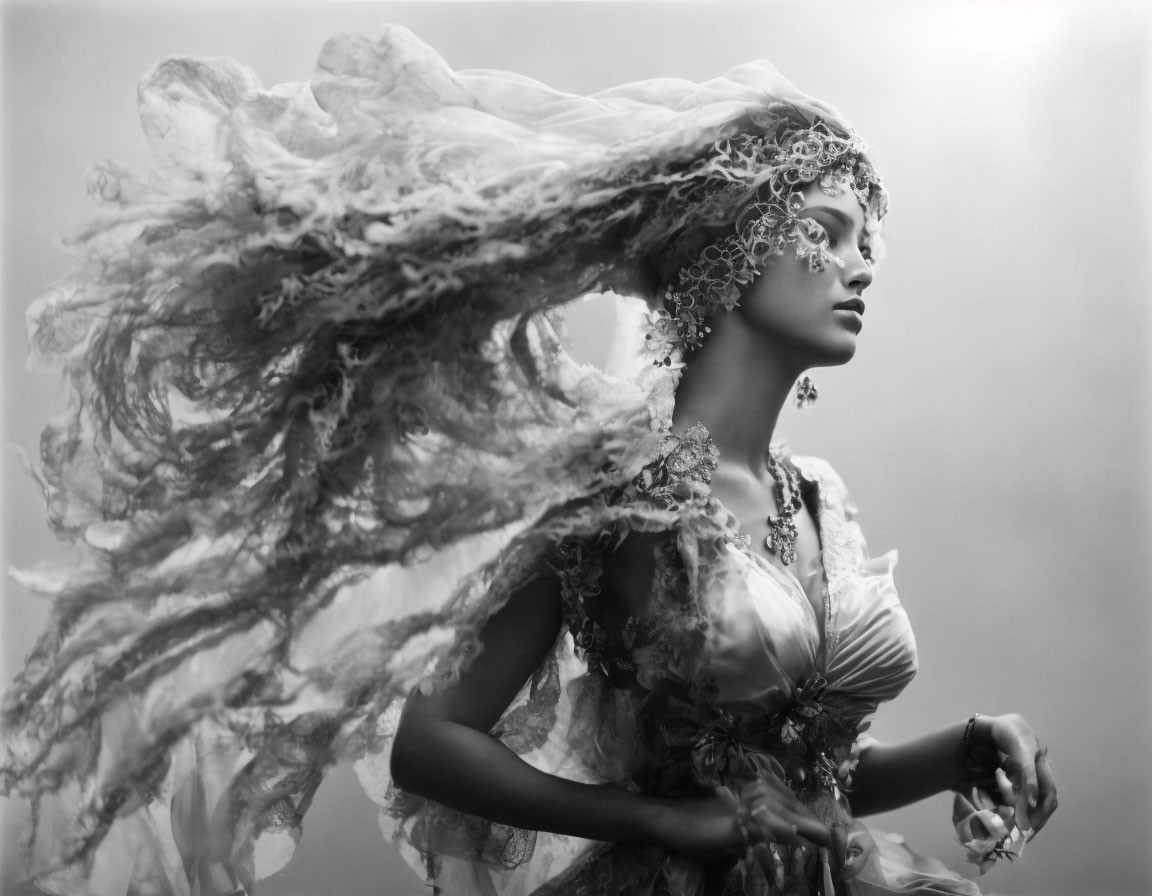 Monochrome portrait of woman with elaborate headpiece and flowing garment.