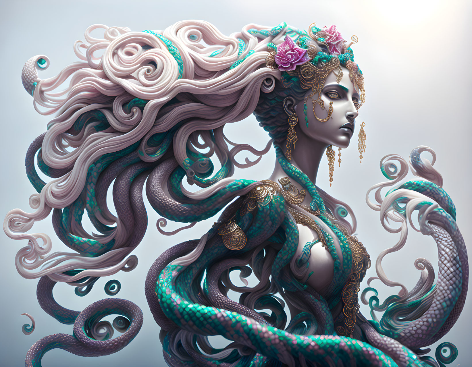 Digital artwork featuring woman with swirling hair and tentacles, adorned with flowers and gold jewelry.