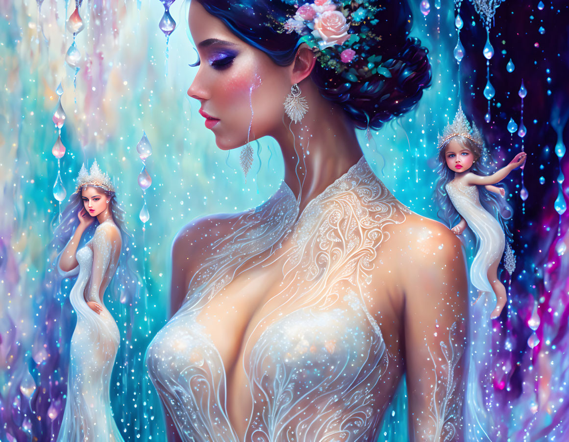 Three ethereal women in ornate attire amid luminous droplets and celestial hues