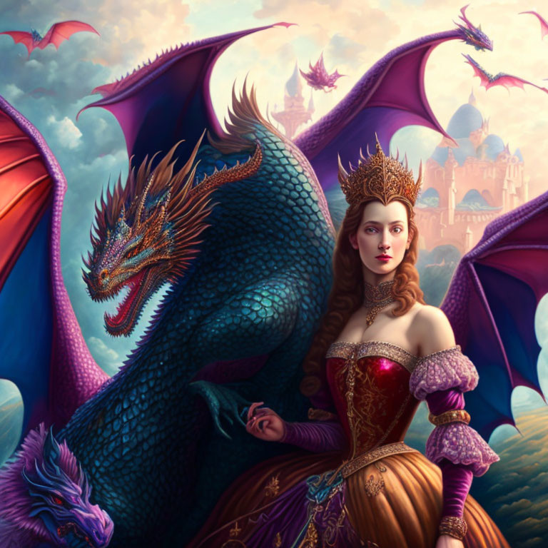 Royal woman with crown and majestic blue dragon in front of ethereal castle and dreamy sky