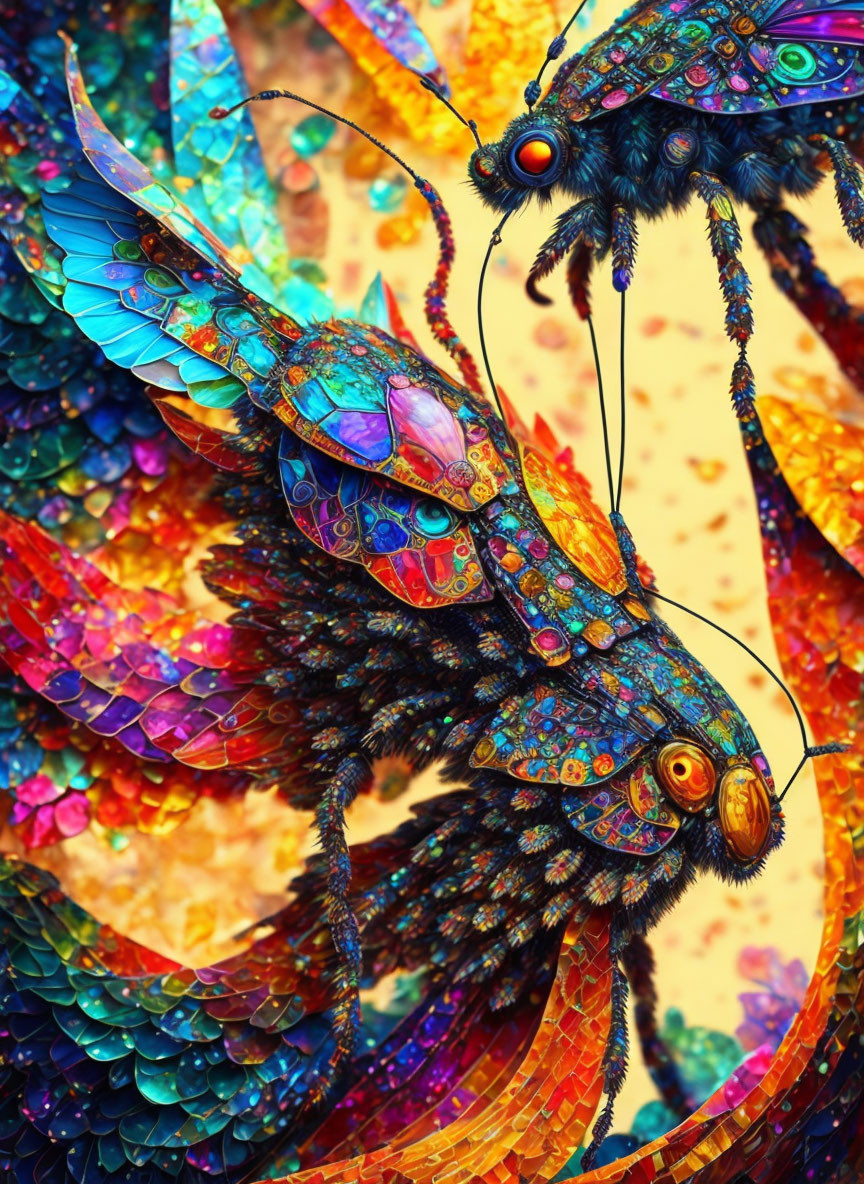 Colorful digital artwork featuring stylized butterfly-like creatures on textured background