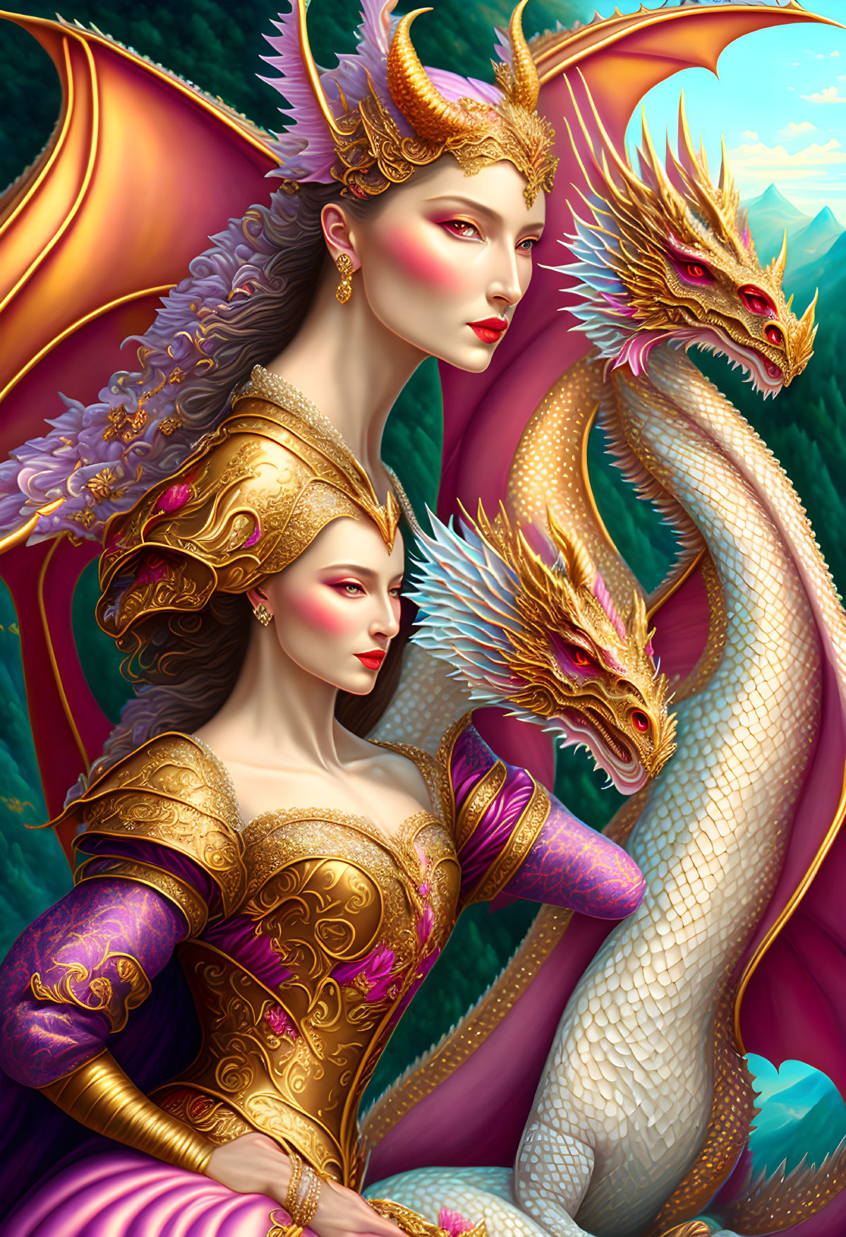 Regal women in golden crowns and armor face winged dragon in mountainous scene