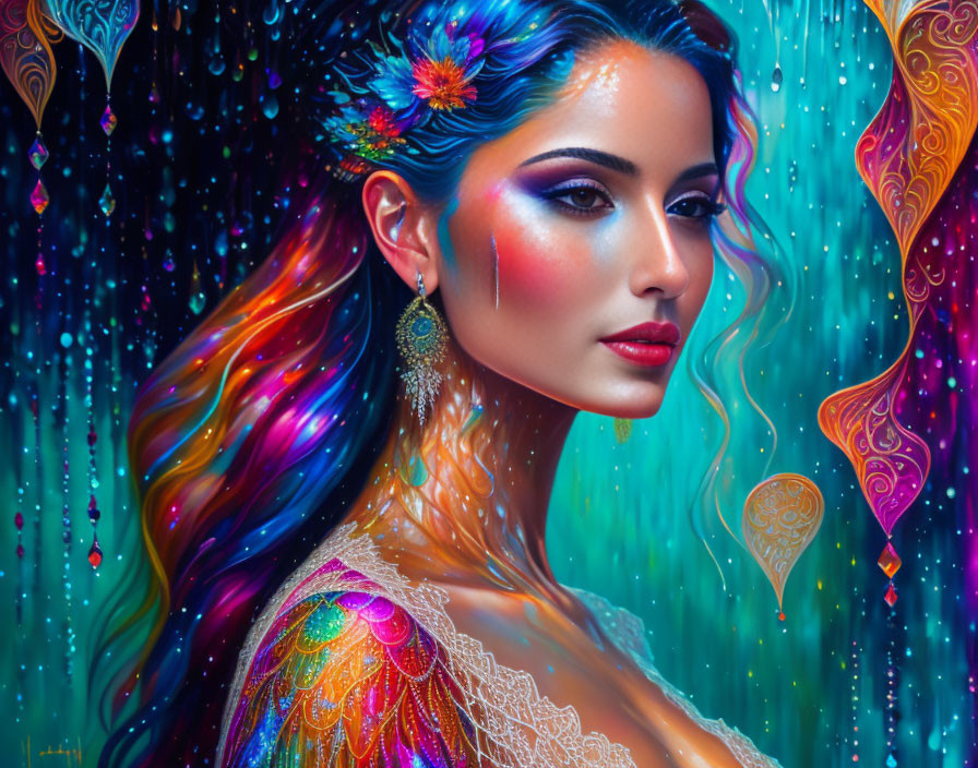 Colorful portrait of a woman with flowing hair and flowers in mystical setting