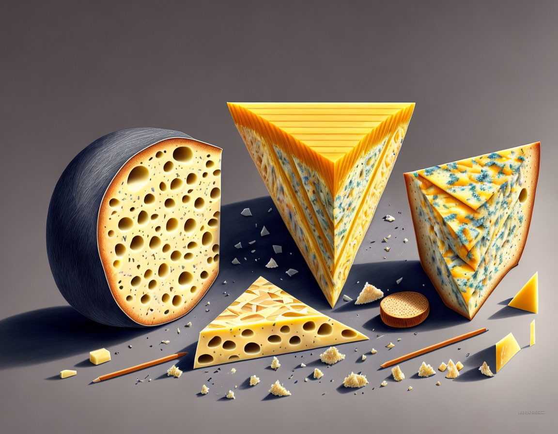 Assorted cheese display with wheel, wedges, slices, and crumbles