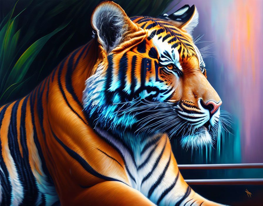 Colorful Tiger Digital Painting with Blue Stripes in Jungle Scene