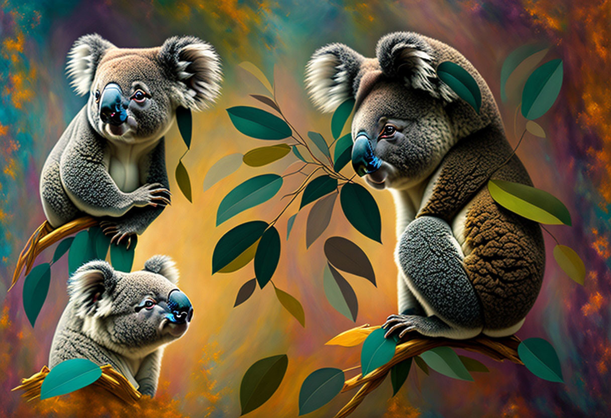 Three Koalas in Colorful Natural Habitat Illustration