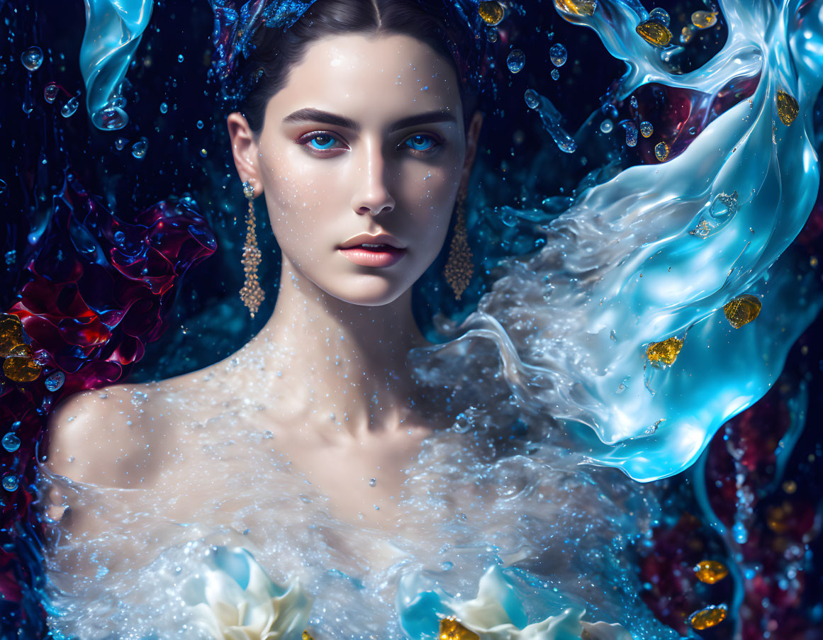 Surreal portrait of a woman with blue eyes in swirling liquid and flowers