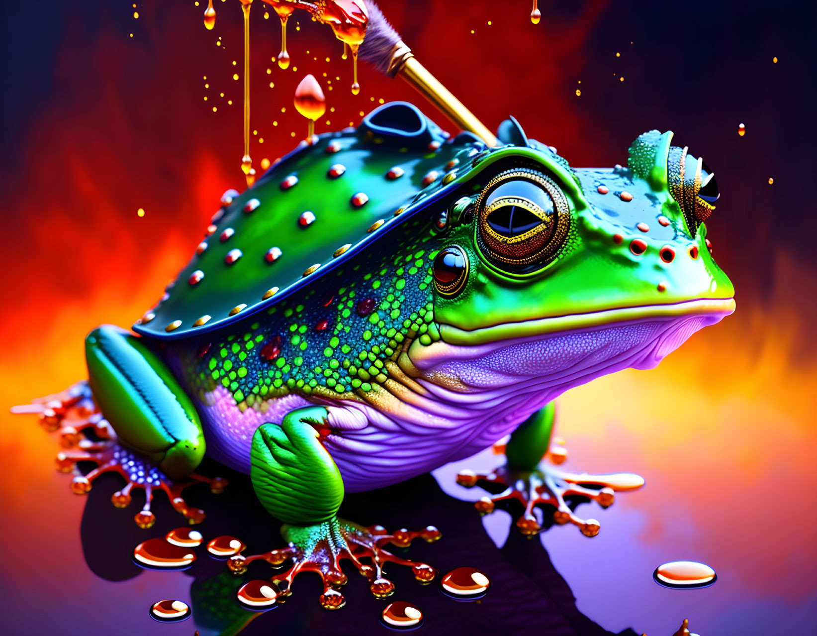 Vibrant surreal frog illustration with intricate patterns on colorful background