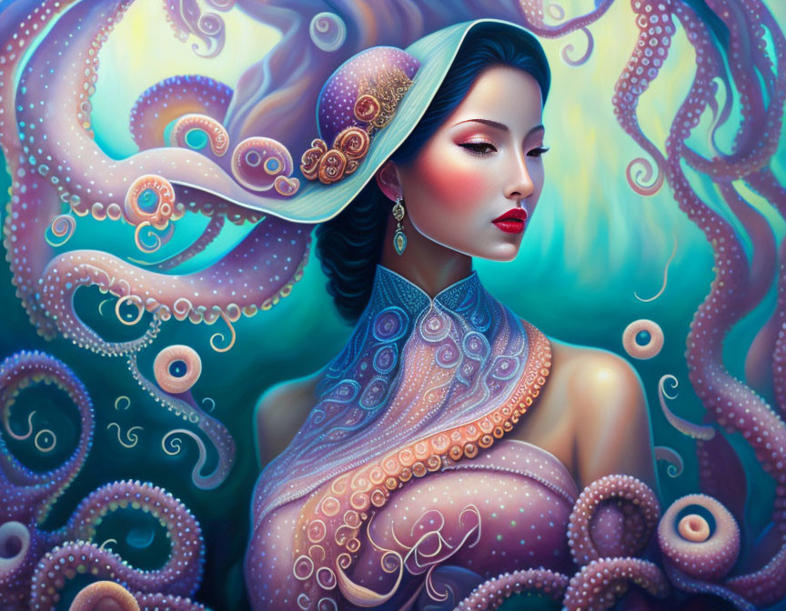Surreal artwork of woman with octopus tentacles on turquoise background