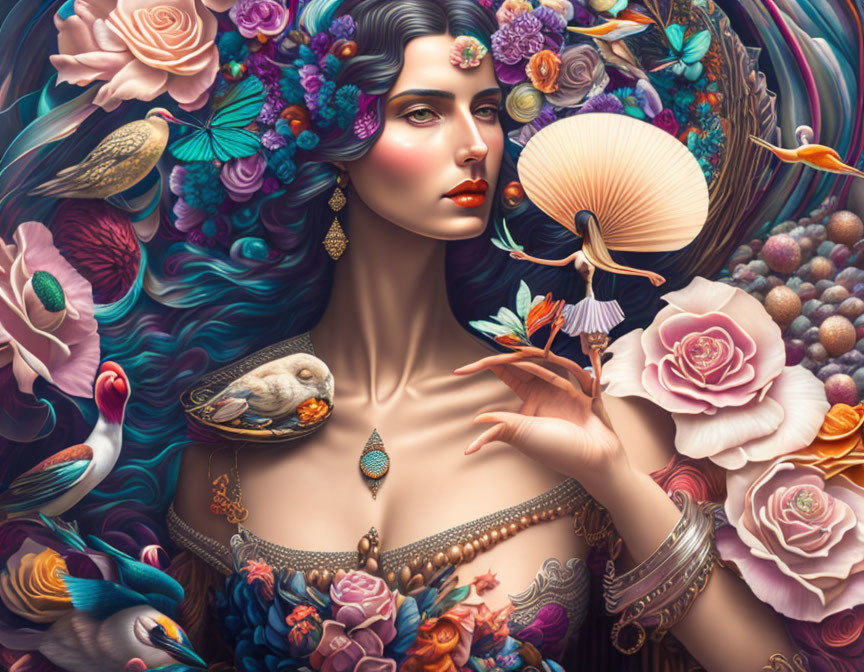 Woman with flowing hair, flowers, birds, fan, colorful flora, and fauna