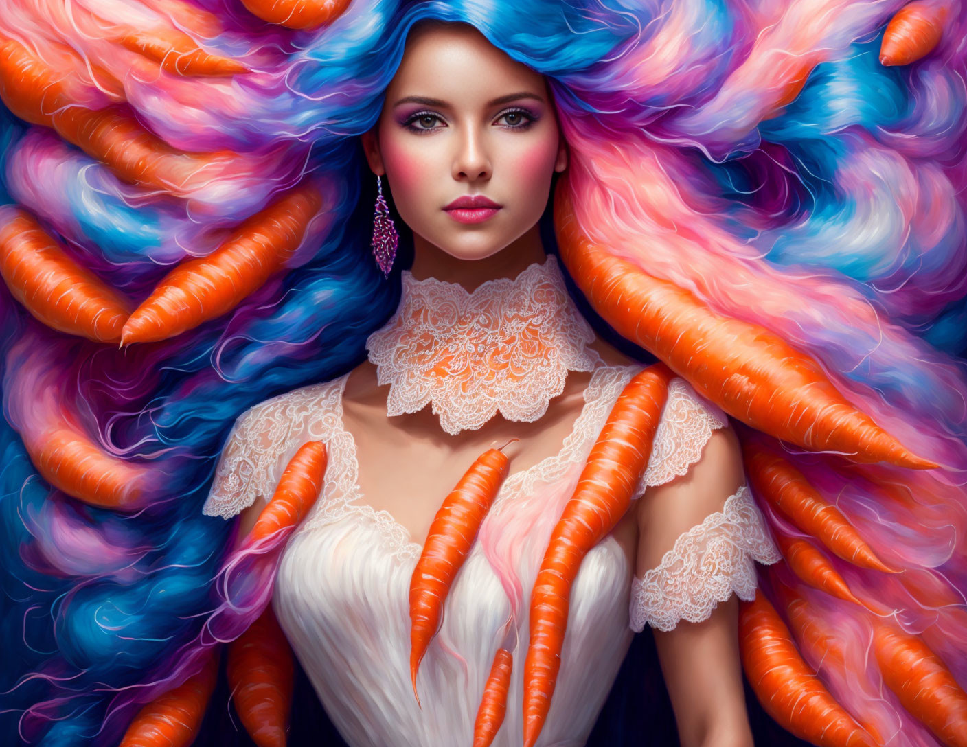 Multicolored hair woman in lace white dress poses with vibrant blue, pink, and orange locks.