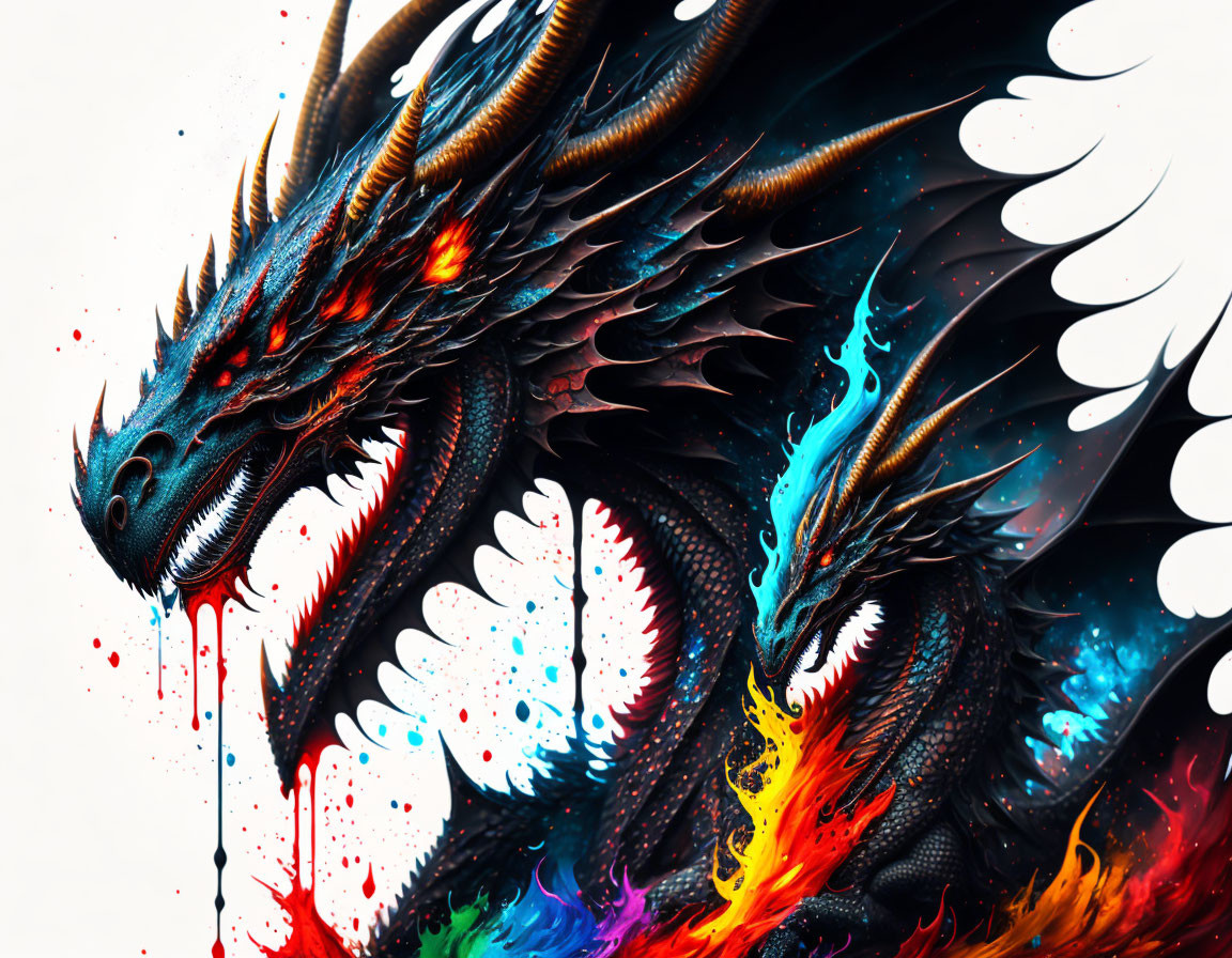 Colorful dragon artwork with fiery eye and splashes on white background