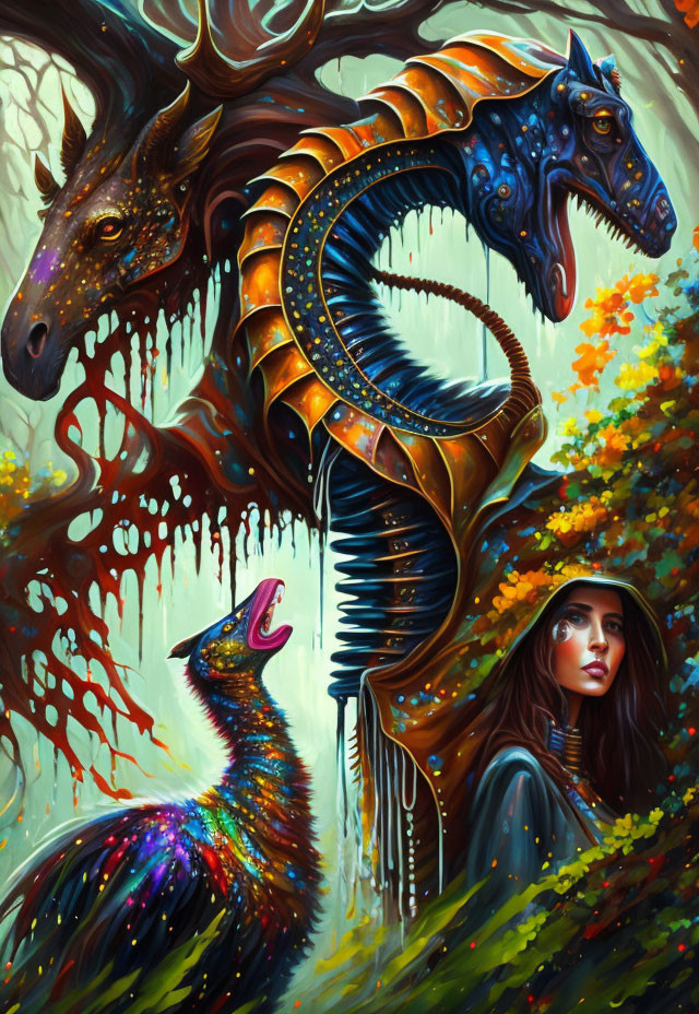 Artwork featuring woman and mystical three-headed creature