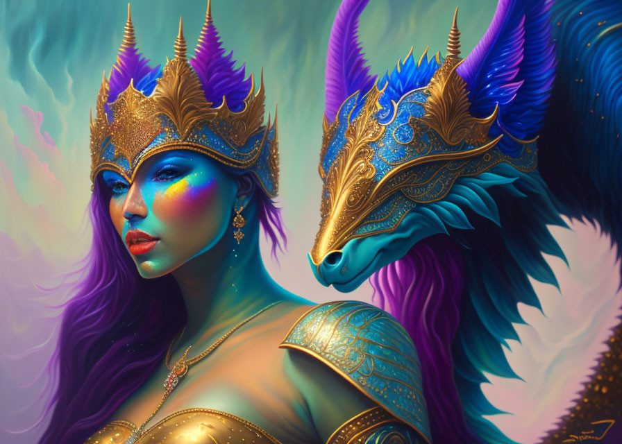 Fantasy illustration of woman with purple hair and golden crown beside blue dragon.