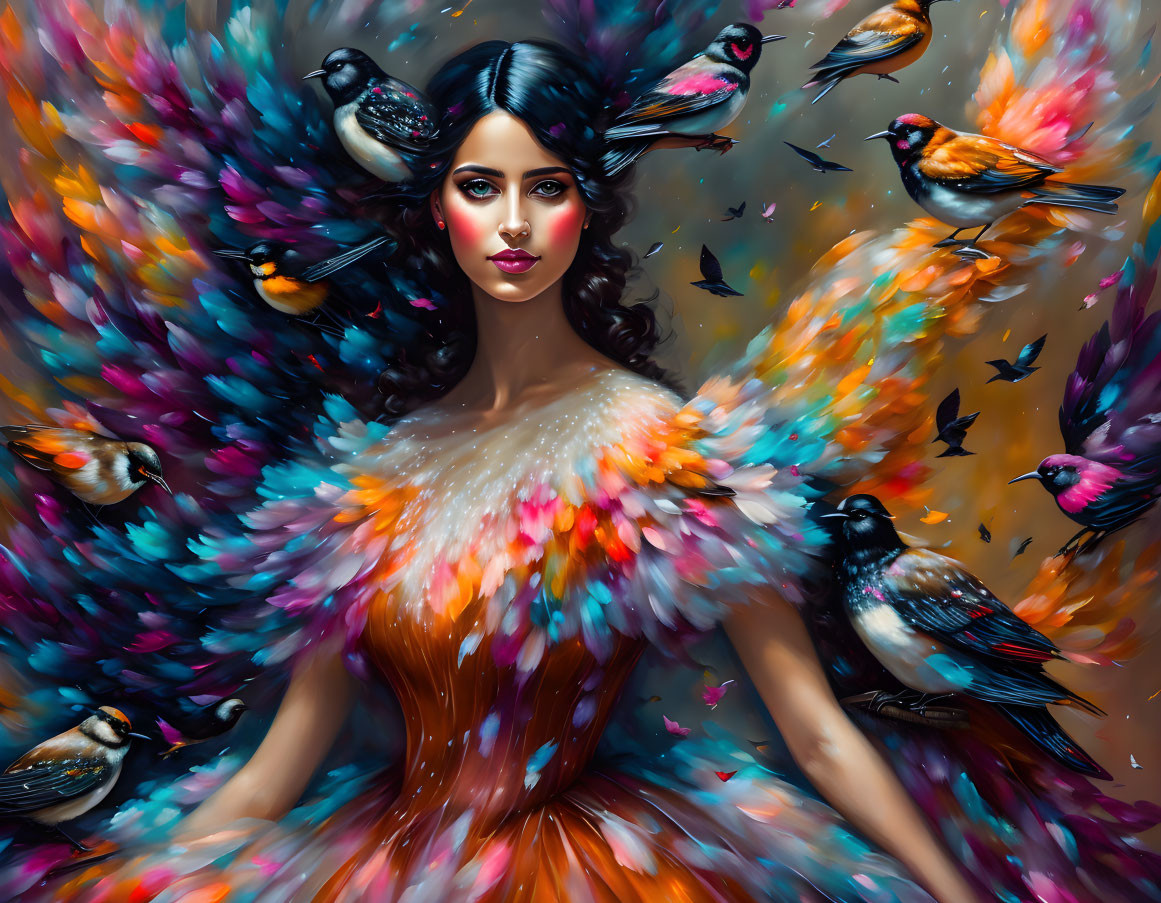 Colorful illustration: Woman surrounded by birds, nature meets fantasy