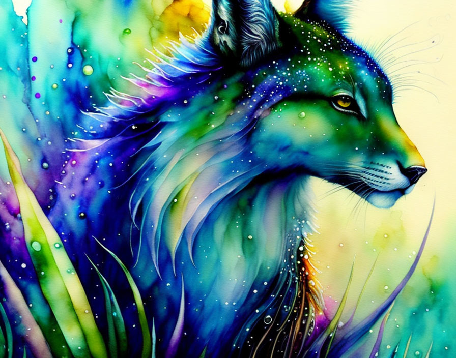 Colorful Watercolor Fox Illustration in Blue, Purple, and Yellow