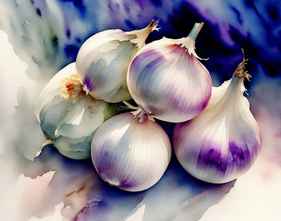 Detailed Watercolor Painting of White and Purple Onions on Blue and Purple Background