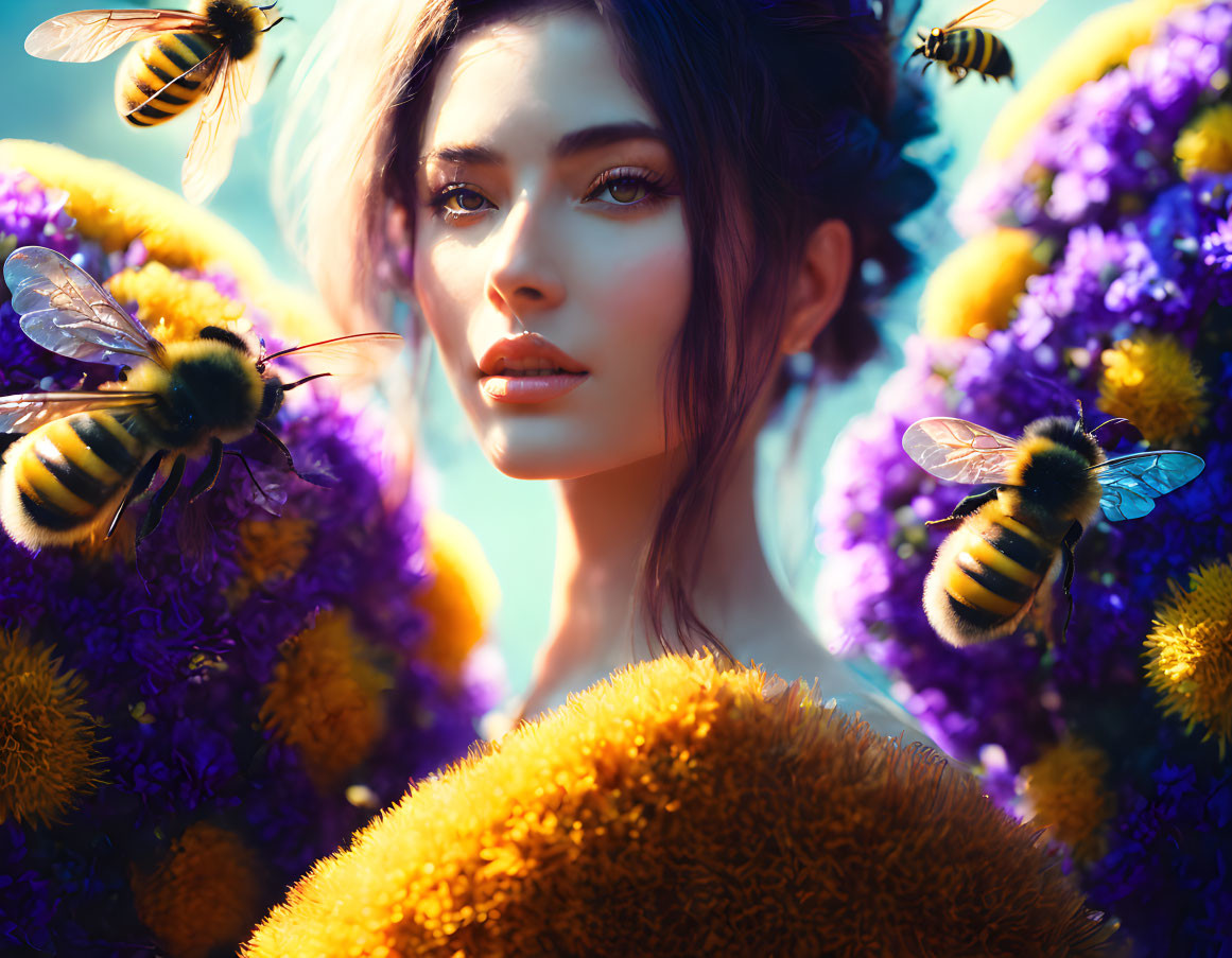 Woman in Floral Setting with Bees and Soft Light