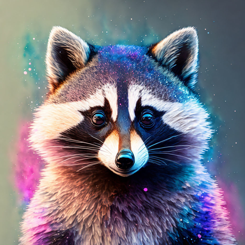 Colorful neon-tinted raccoon art with starry background