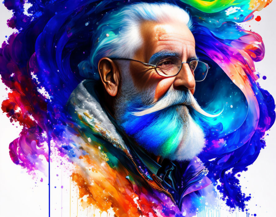 Colorful digital portrait of elderly man with white beard