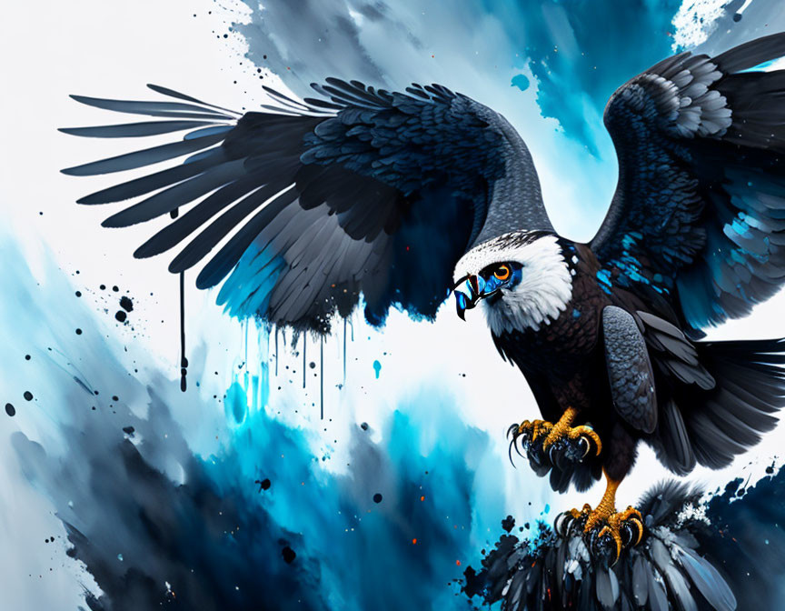 Majestic eagle in flight with blue and black background splashes