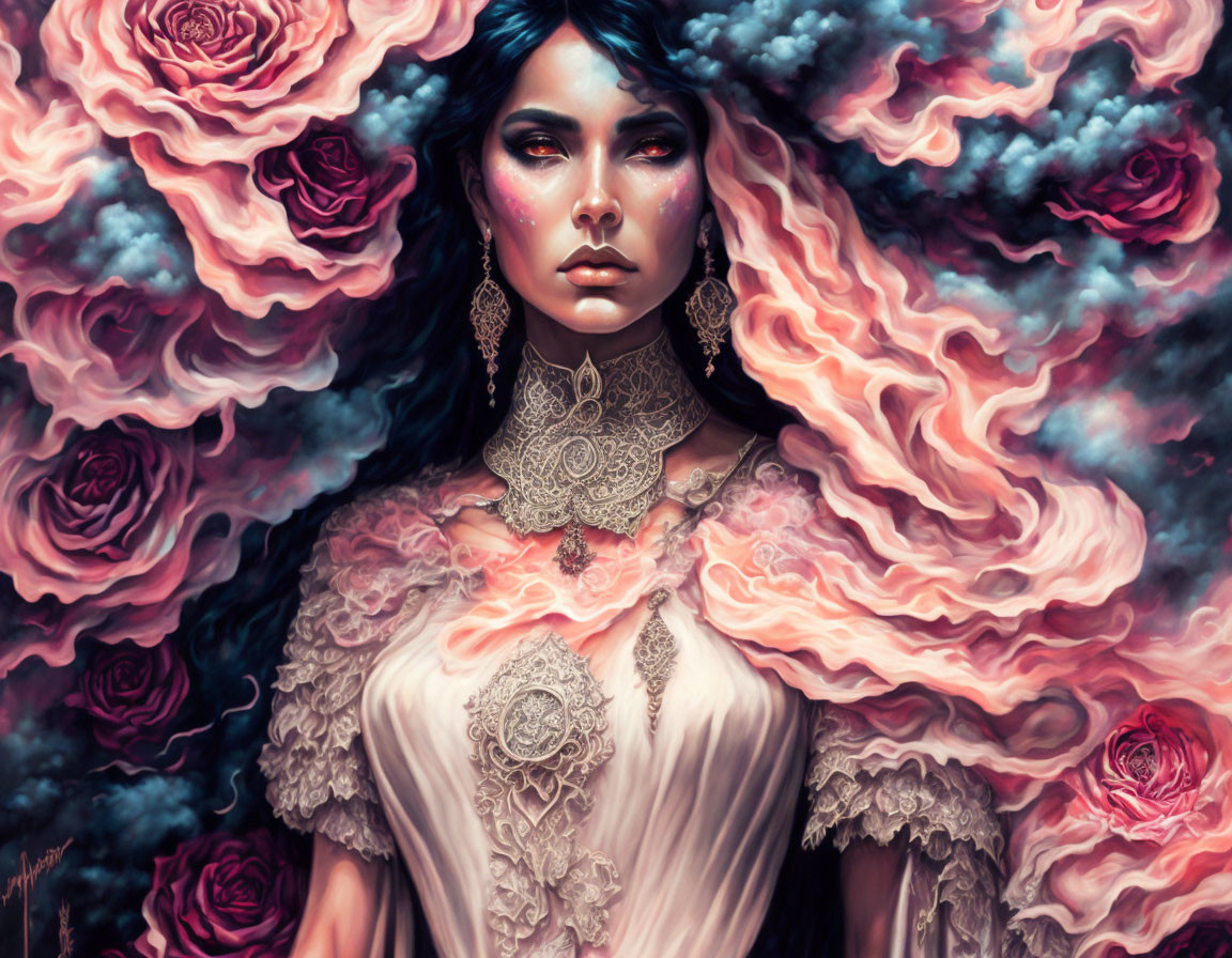 Surreal portrait of woman with dark hair and blue eyes in vintage lace attire surrounded by pink clouds