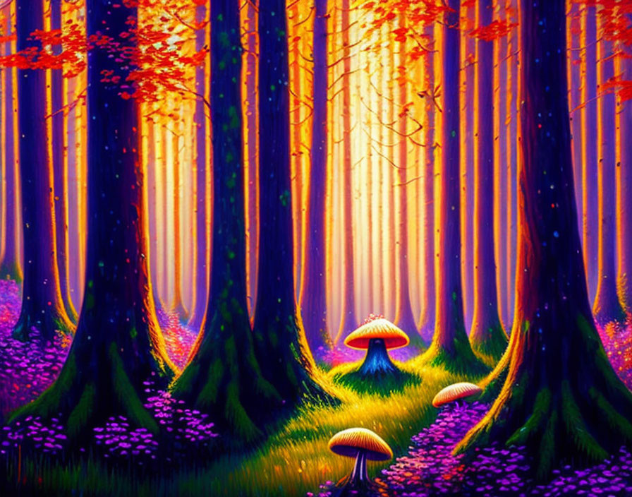 Lush Forest Landscape with Tall Trees, Purple Flowers, and Glowing Mushrooms at Twilight