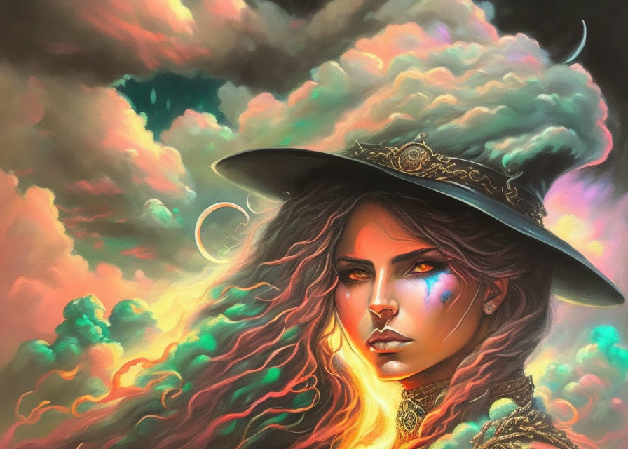 Mystical woman in decorative hat under vibrant sky